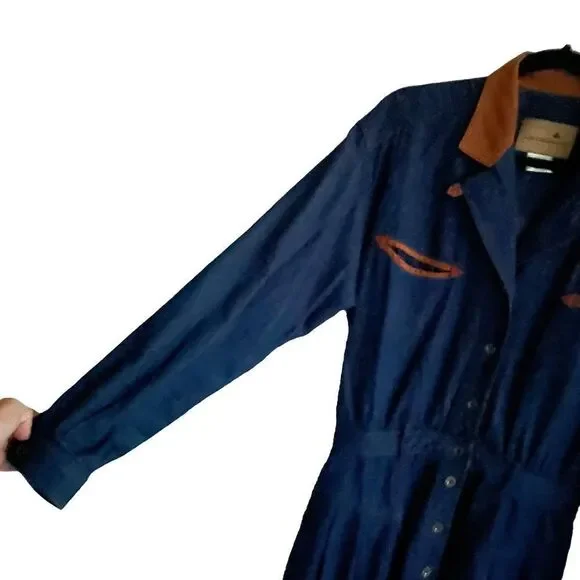 (SOLD) LIZ CLAIBORNE VINTAGE Western Denim Long Sleeve Midi Dress Blue Brown 8 - Picture 4 of 7